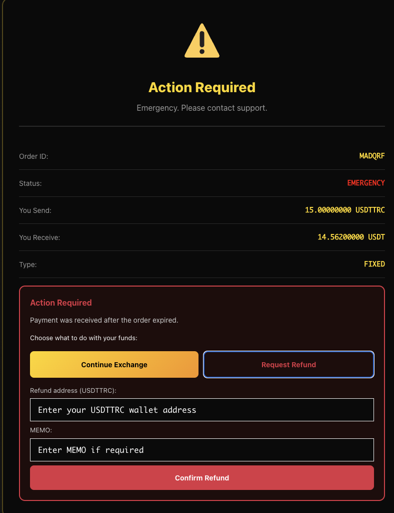 AceChange refund form showing wallet address field, MEMO field, and Confirm Refund button
