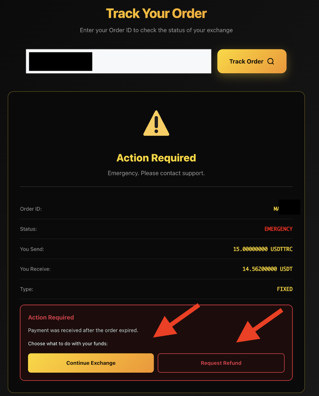 AceChange Track Order page showing an order in Emergency status with Action Required message, Continue Exchange and Request Refund buttons