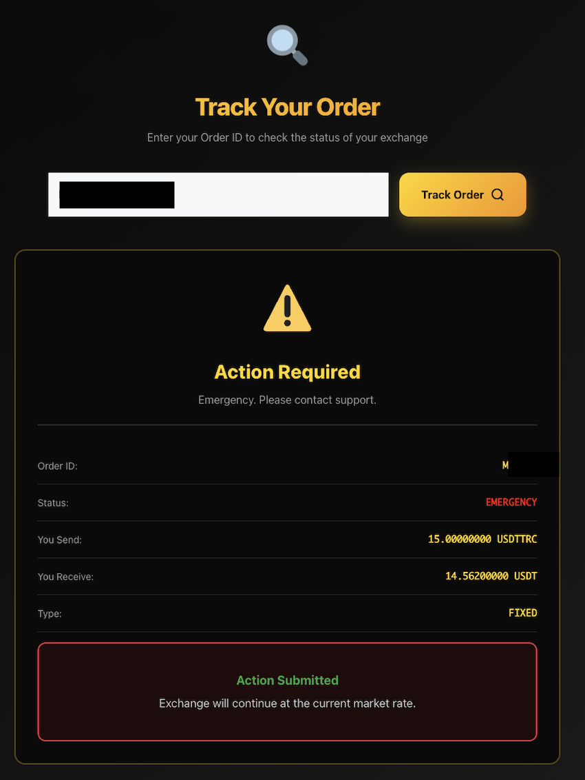 AceChange order showing Action Submitted confirmation with message that exchange will continue at current market rate