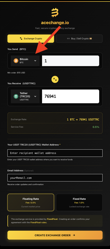 AceChange swap widget on mobile with red arrow pointing to the coin picker — first step of an anonymous crypto swap