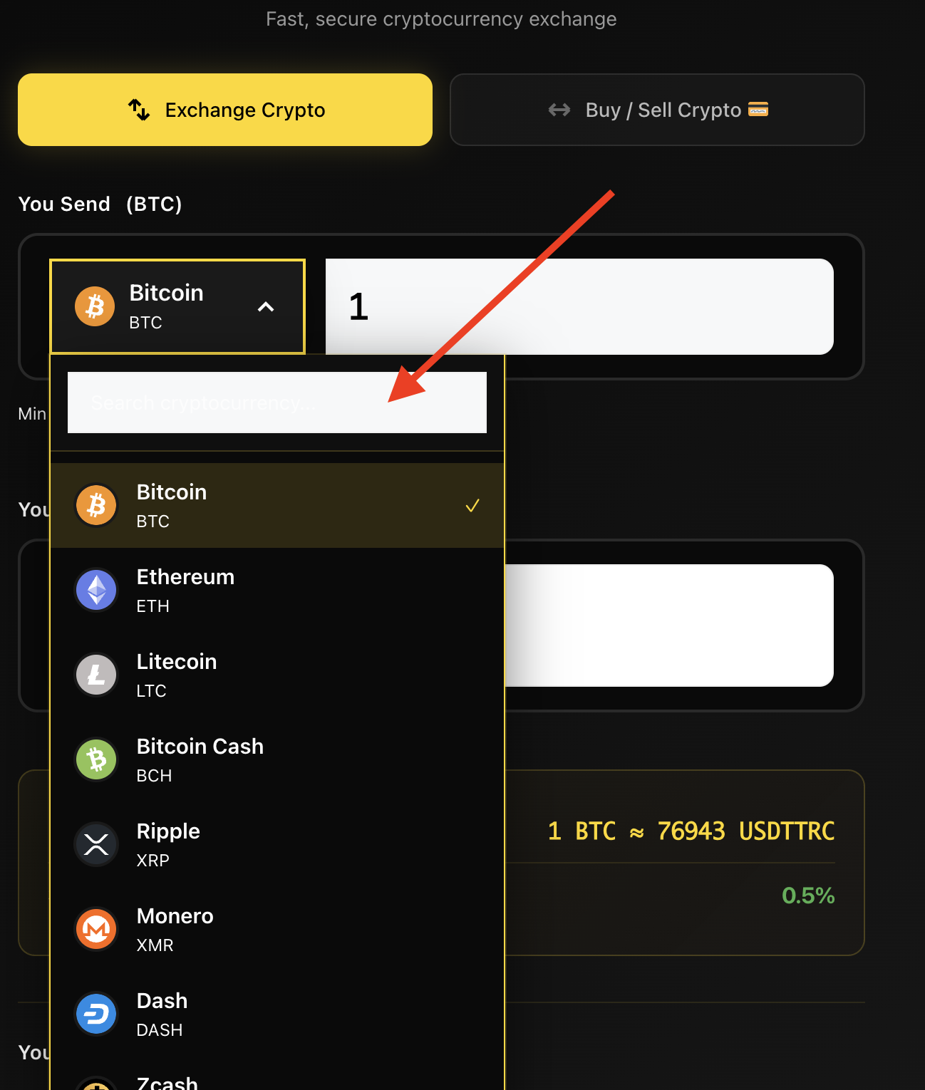 AceChange coin picker open with search field — type coin name like Monero or ticker XMR to filter the list of supported cryptocurrencies