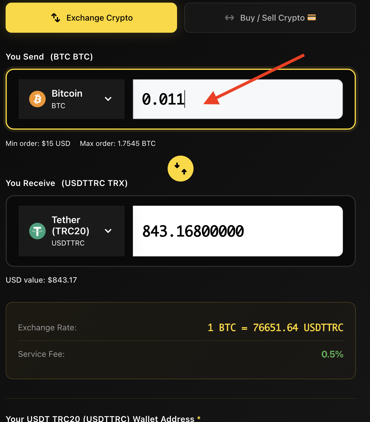 AceChange swap widget with amount field — user entering 0.001 BTC to see the live conversion rate to the receiving cryptocurrency