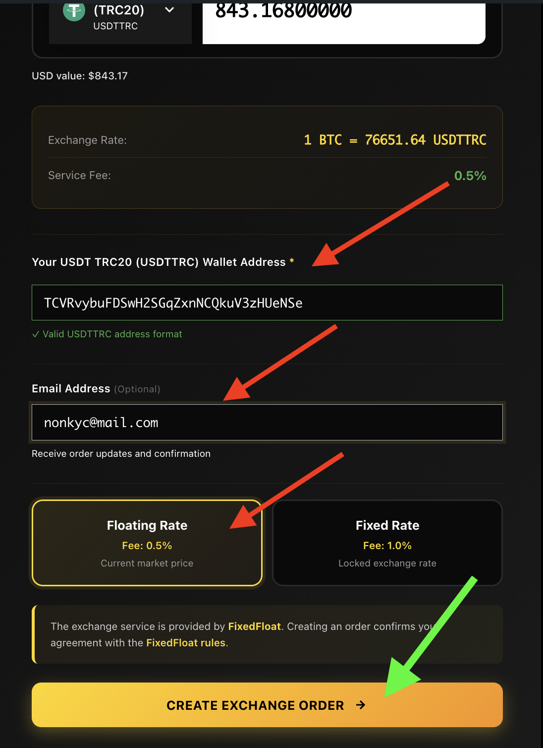 AceChange order form with receiving wallet address field, optional email, floating versus fixed rate selector and green Create Exchange Order button highlighted