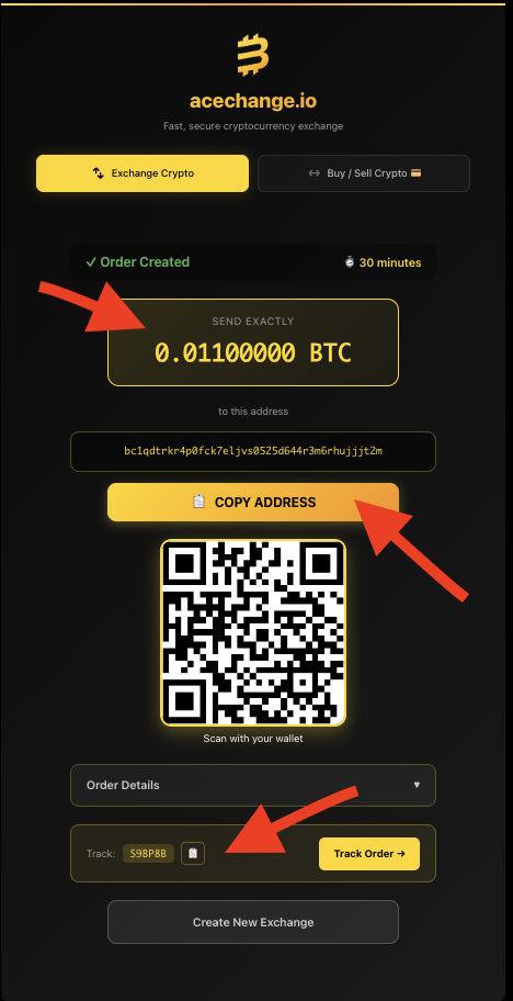 AceChange final order screen with unique Order ID, exact deposit amount, deposit address and QR code for sending the cryptocurrency