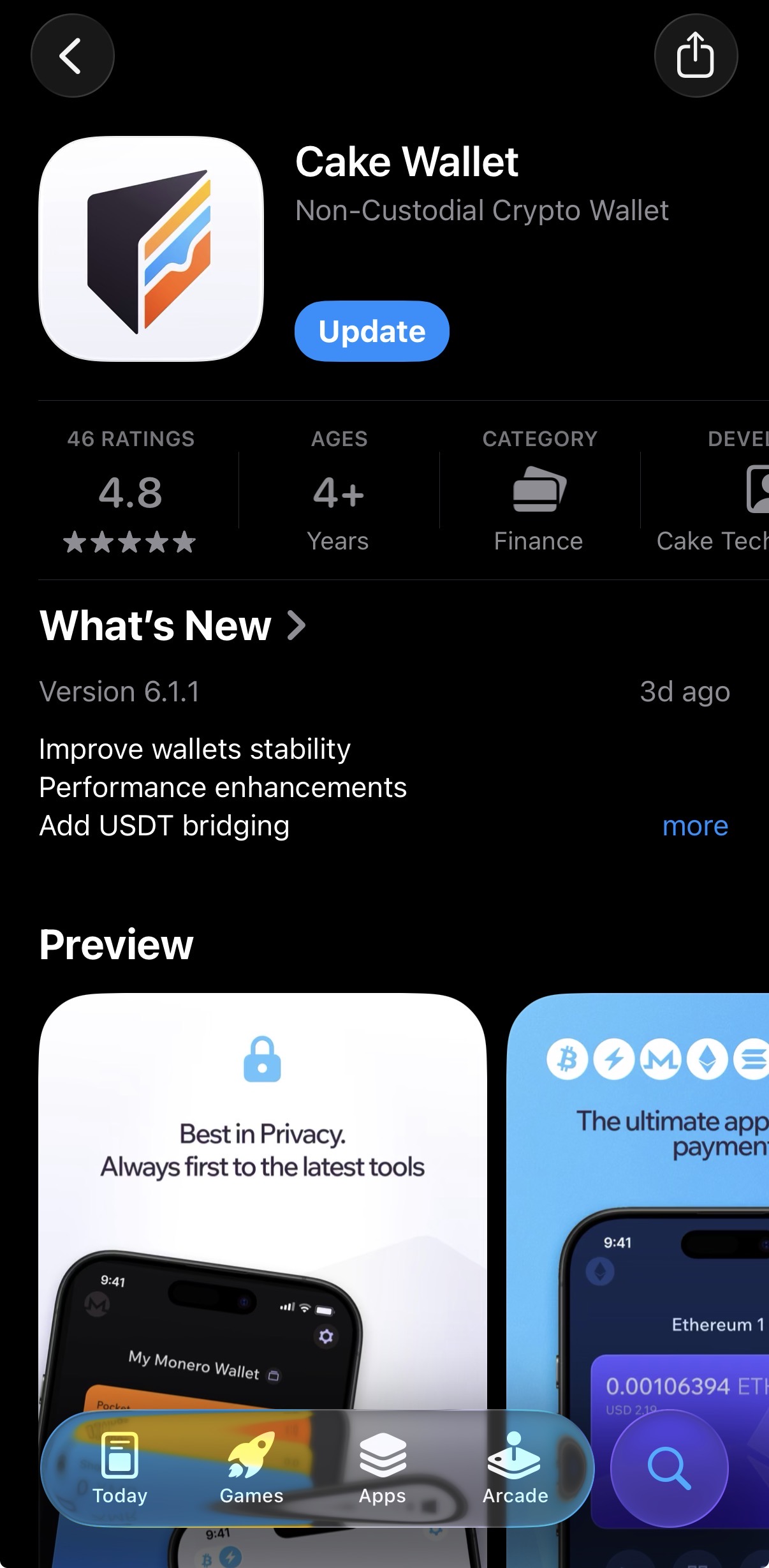 Cake Wallet app listing on the iPhone App Store — the recommended non-custodial Monero wallet for anonymizing crypto transactions in 2026