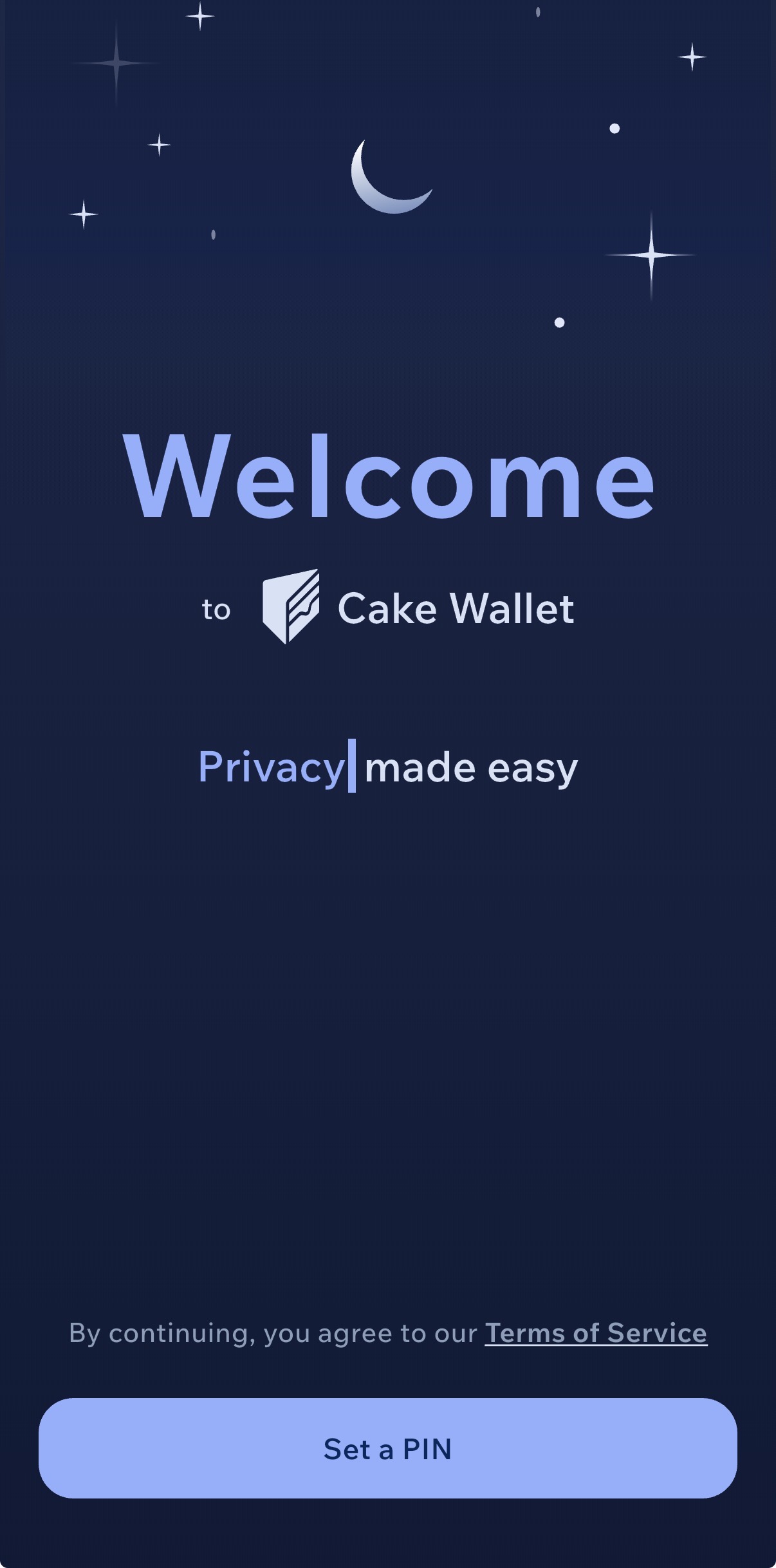 Cake Wallet Welcome screen on iPhone — 'Privacy made easy' with Set a PIN button to start the non-custodial Monero wallet setup in 2026