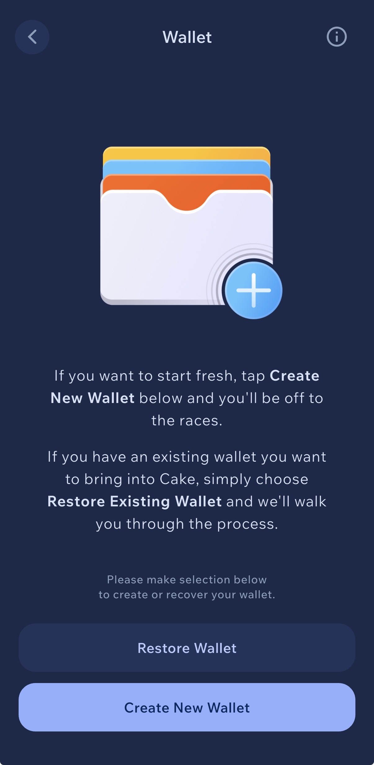 Cake Wallet Create New Wallet vs Restore Wallet screen on iPhone — starting a fresh non-custodial Monero wallet for crypto anonymization 2026