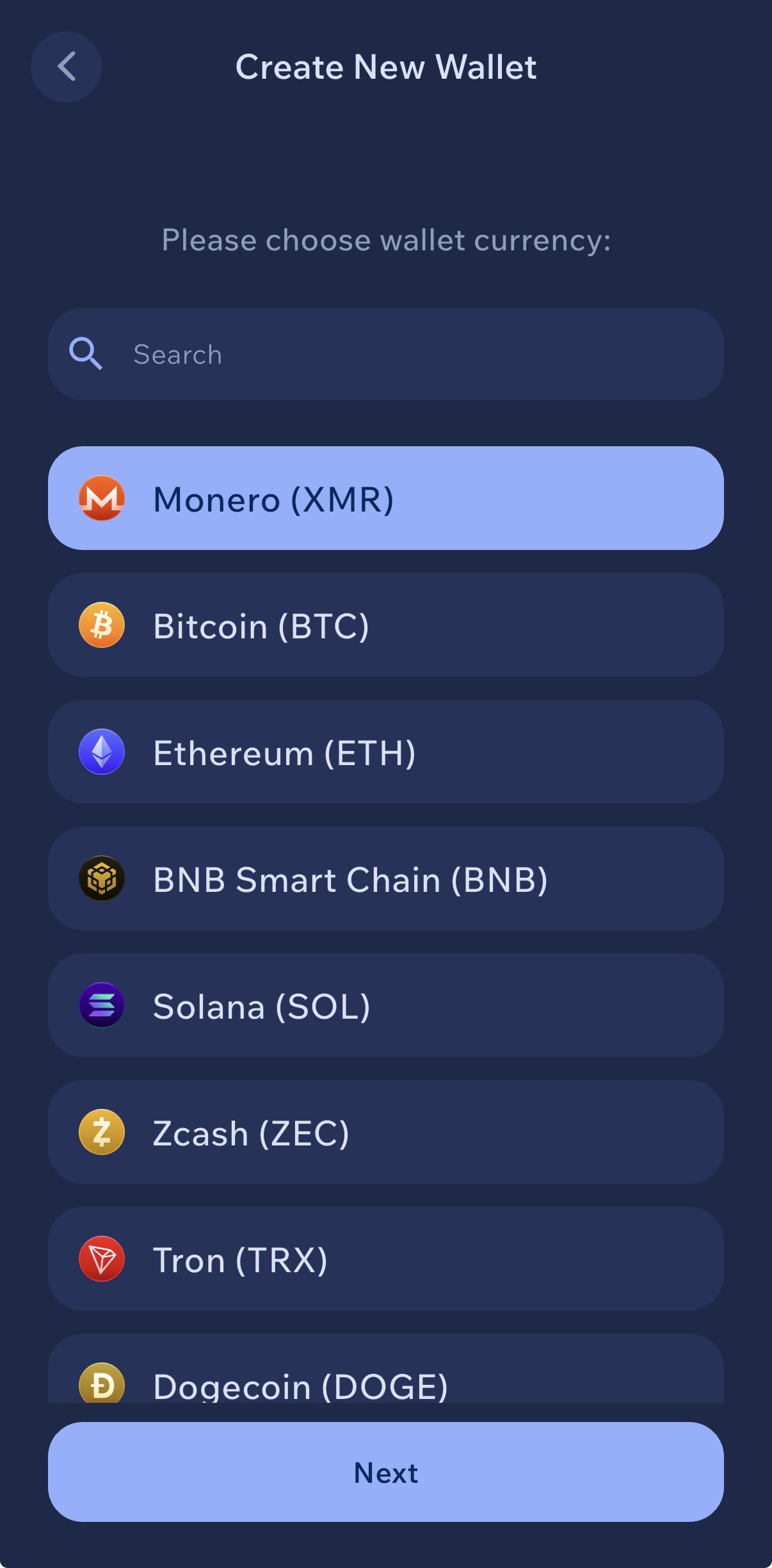 Cake Wallet currency selection screen on iPhone — Monero (XMR) highlighted and selected as the privacy coin for breaking the blockchain trail in 2026