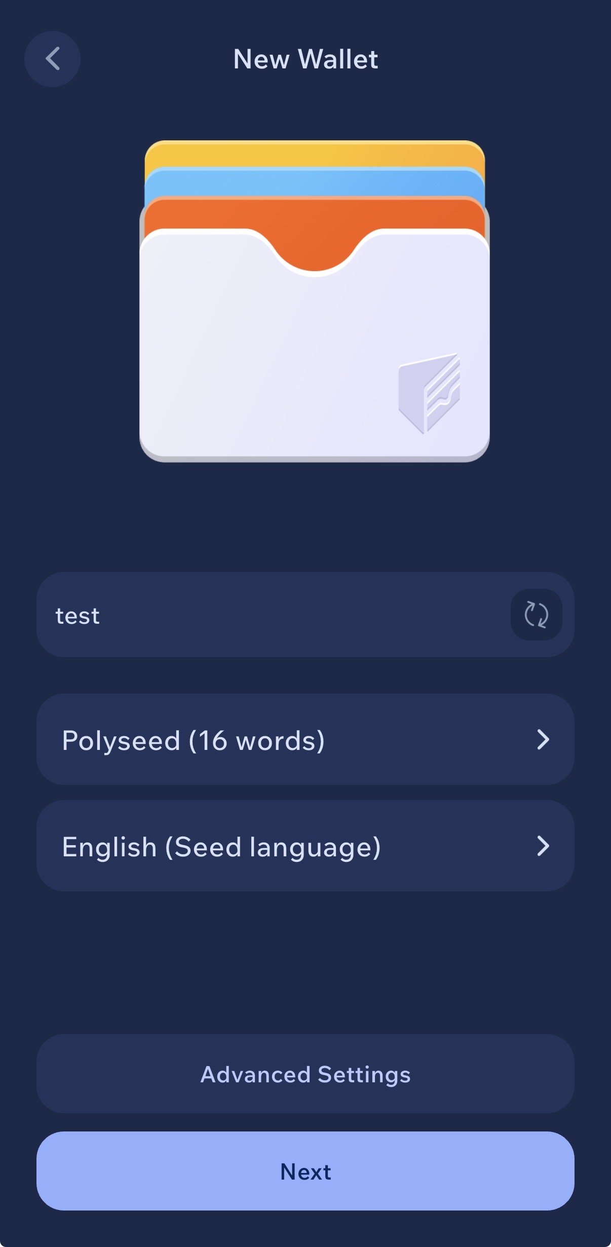 Cake Wallet New Wallet configuration screen on iPhone — wallet named 'test', Polyseed 16 words seed format and English seed language selected for Monero privacy wallet 2026