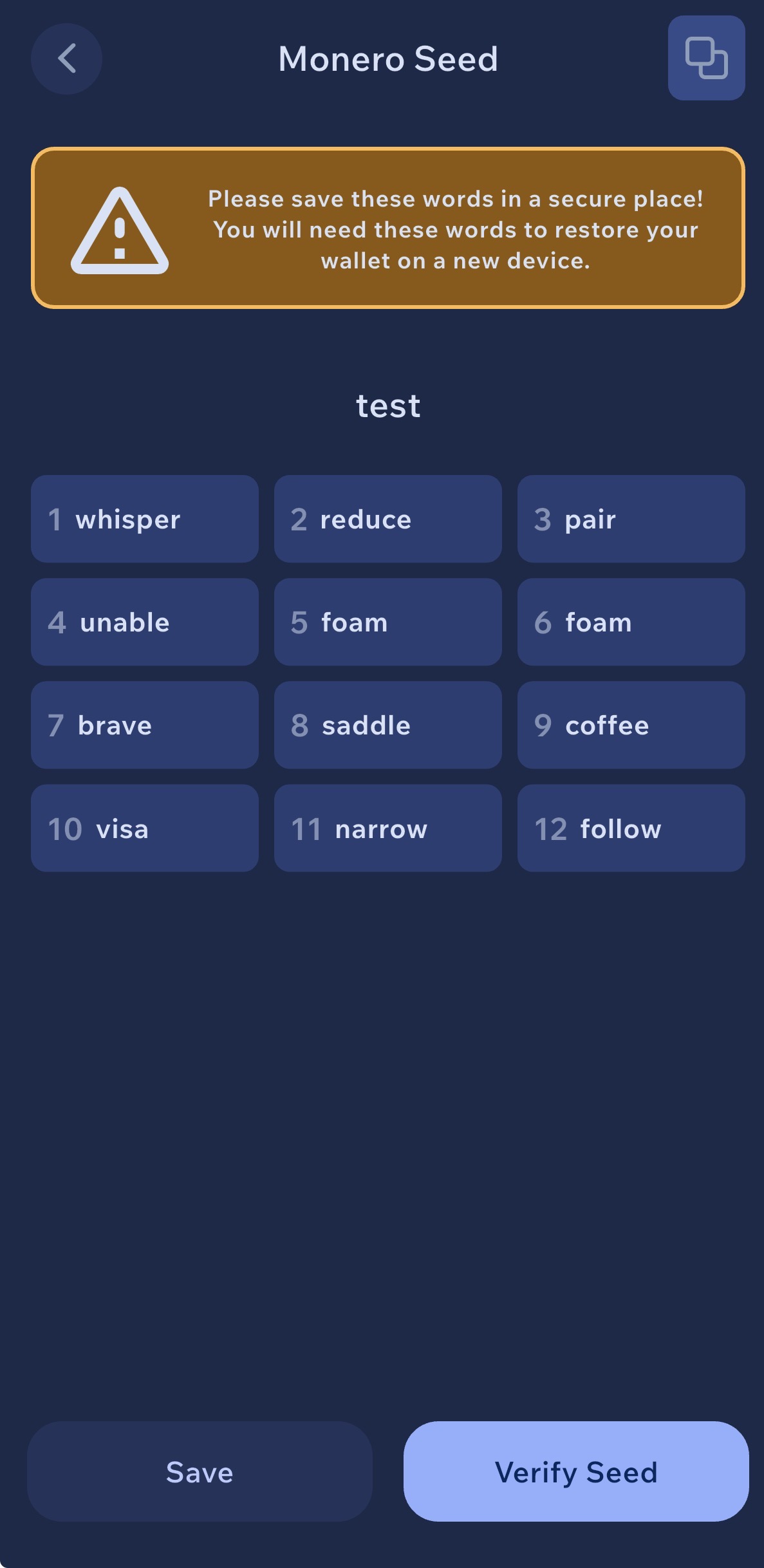 Cake Wallet Monero seed phrase screen on iPhone — 16-word Polyseed recovery words that must be written down in exact numbered order for wallet recovery