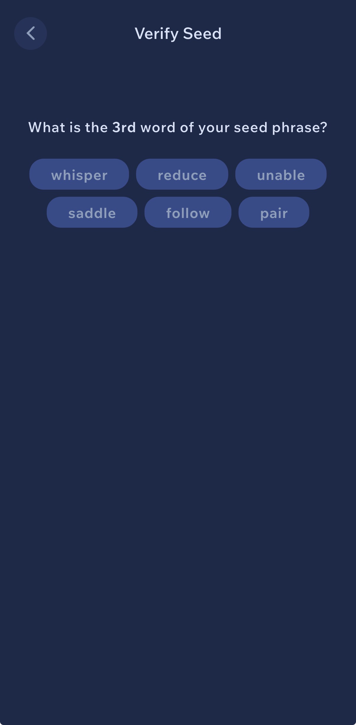 Cake Wallet Verify Seed screen on iPhone — seed phrase verification step requiring confirmation of specific word positions before the Monero wallet setup is finalized