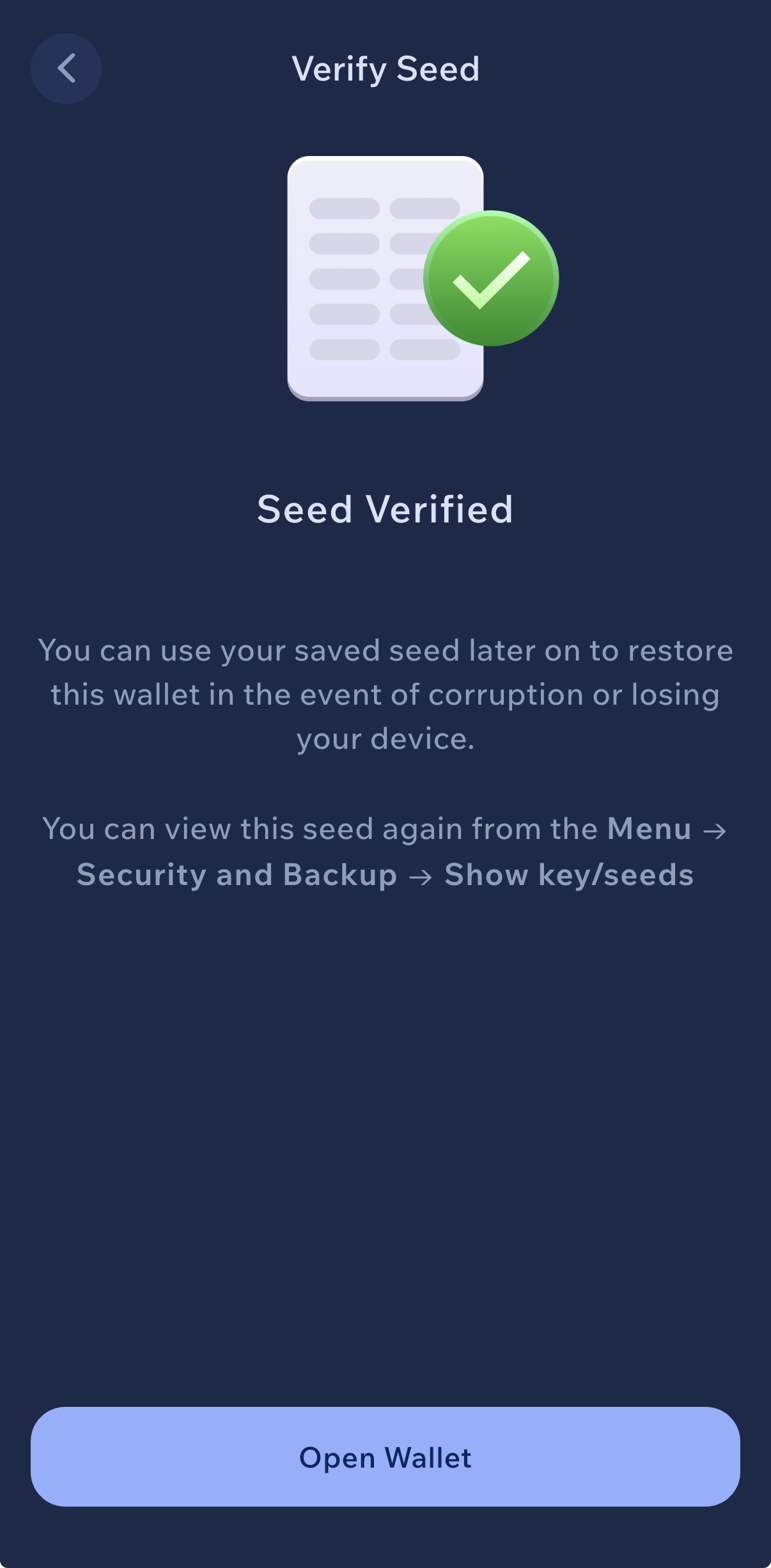 Cake Wallet Seed Verified confirmation screen on iPhone — successful backup verification of the 16-word Monero Polyseed recovery phrase with Open Wallet button