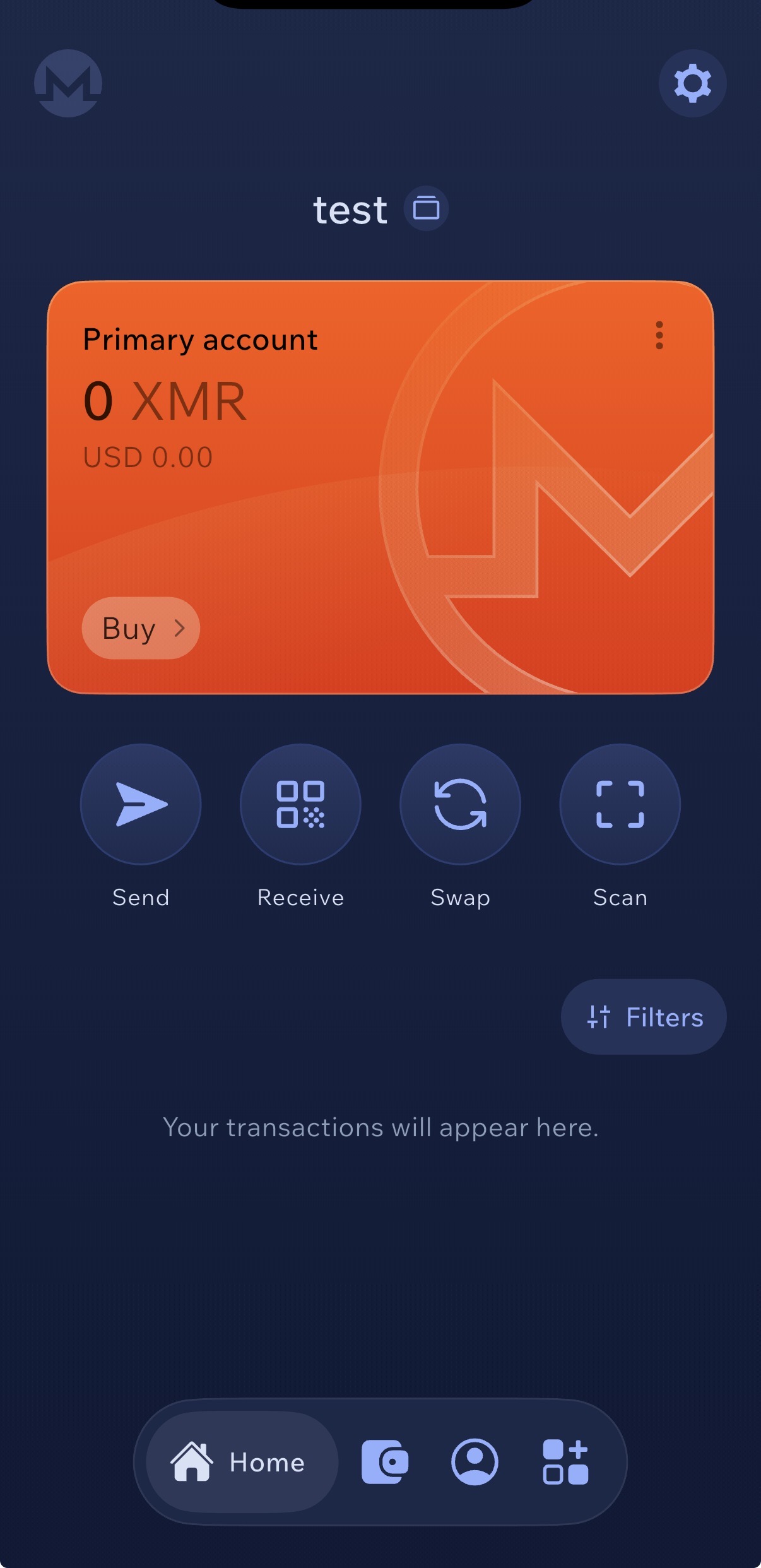Cake Wallet main home screen on iPhone showing a newly created Monero wallet named 'test' with 0 XMR balance, USD 0.00 value, and Send, Receive, Swap, Scan action buttons