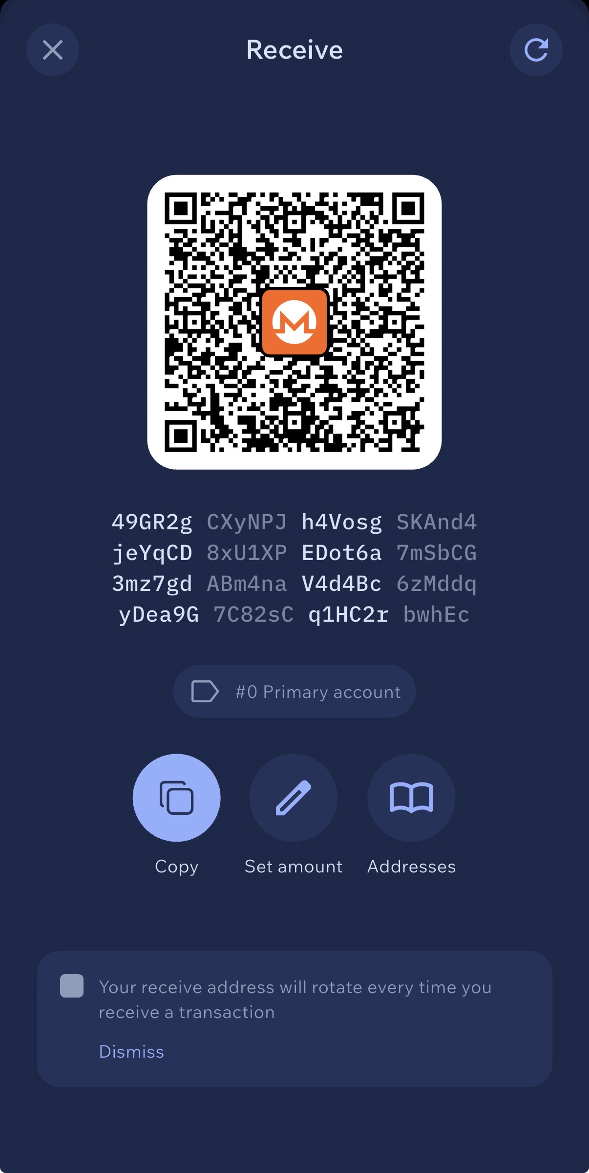 Cake Wallet Receive screen on iPhone showing the Monero (XMR) QR code and full 95-character wallet address for receiving anonymous XMR deposits