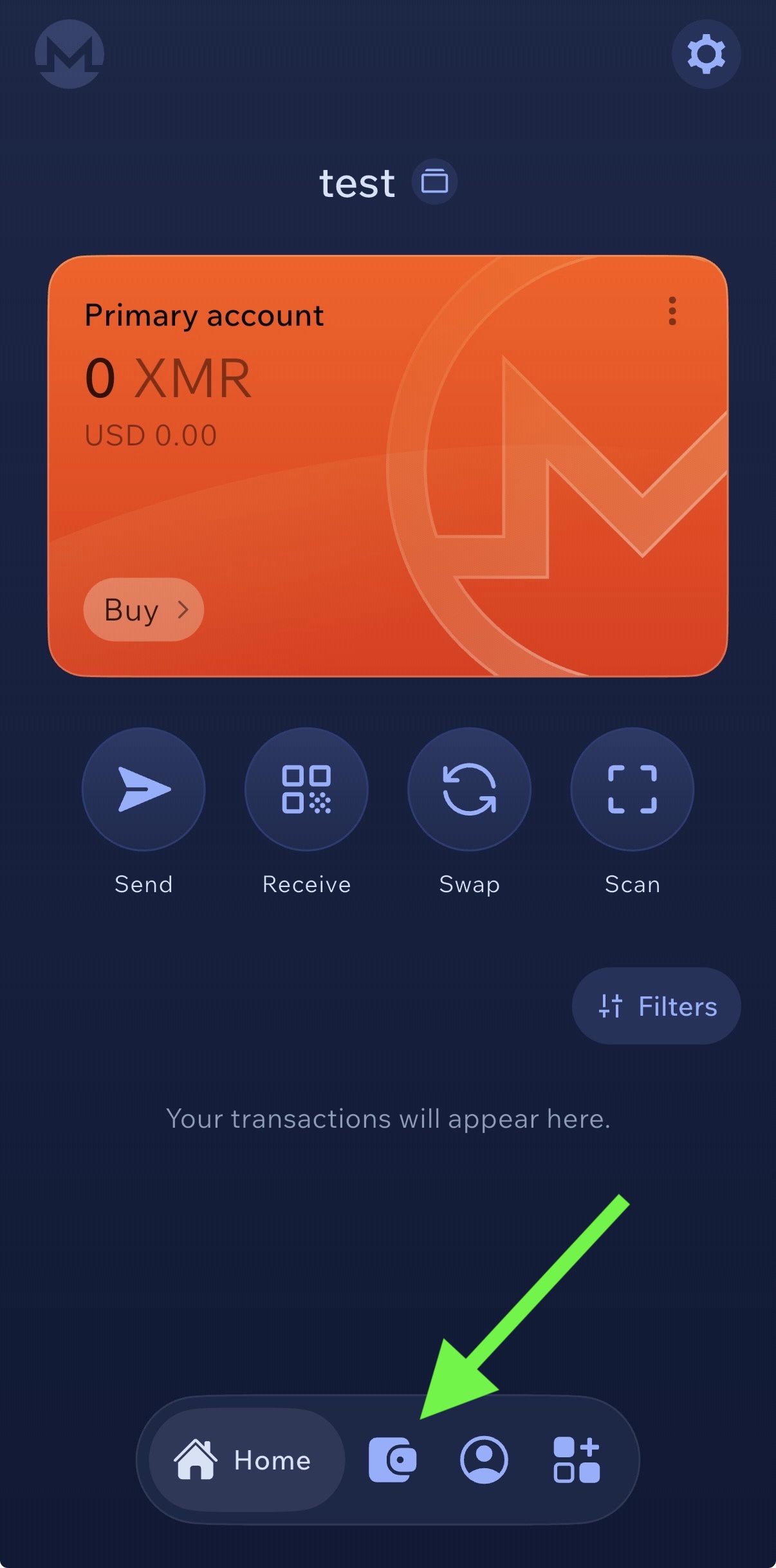 Cake Wallet home screen on iPhone with green arrow pointing to the Wallets icon in the bottom navigation — how to access the wallet list to add a new cryptocurrency wallet