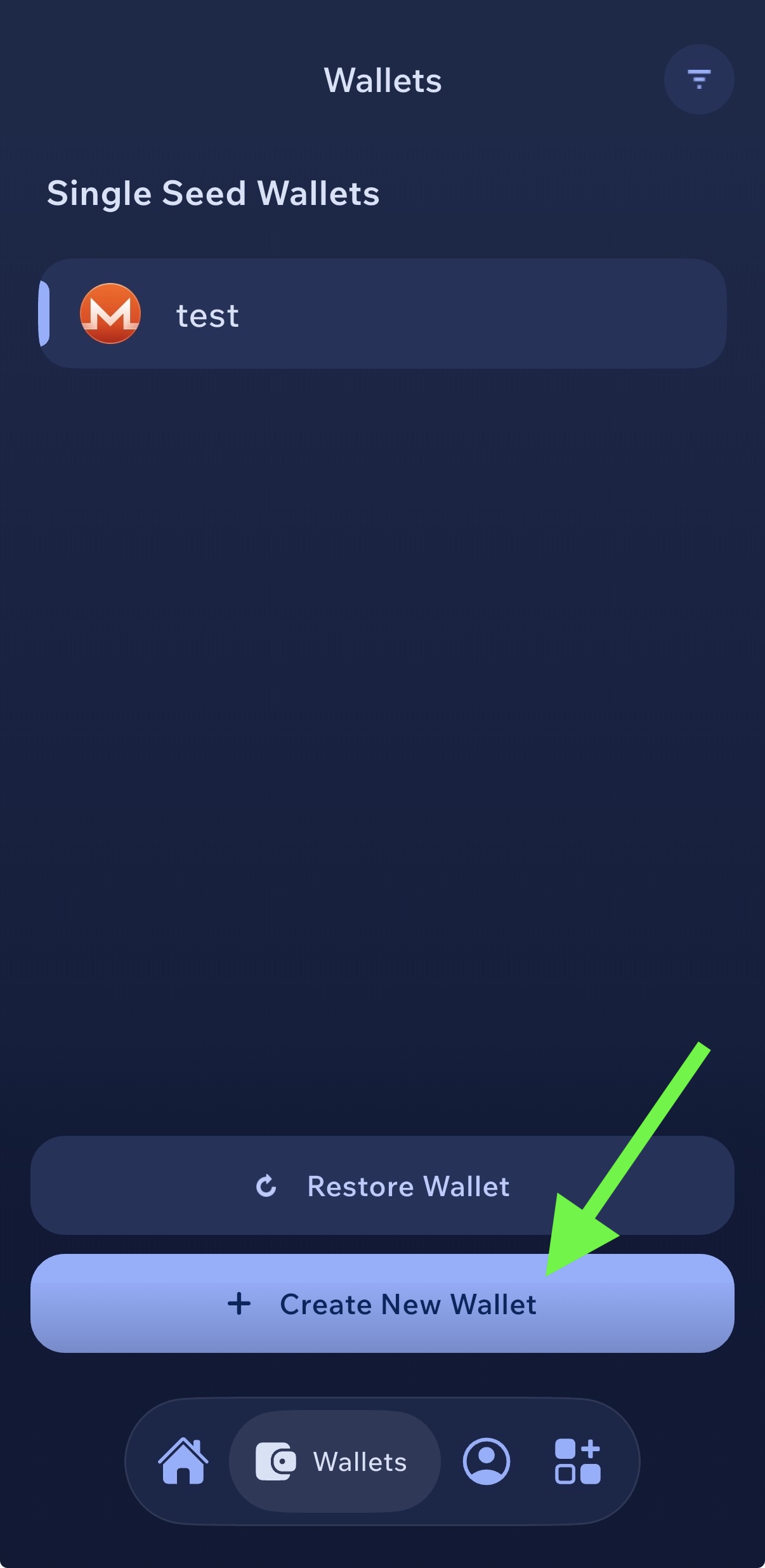 Cake Wallet Wallets screen on iPhone showing Single Seed Wallets list with green arrow pointing to Create New Wallet button for adding another cryptocurrency
