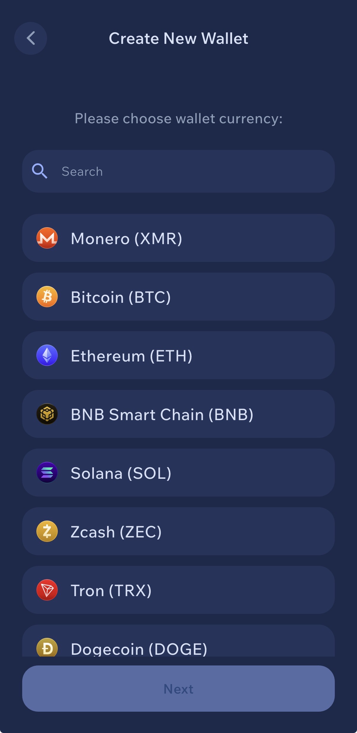 Cake Wallet currency selection screen on iPhone — choosing a second cryptocurrency like Bitcoin, Ethereum, Solana or Zcash for a clean destination wallet after Monero swap