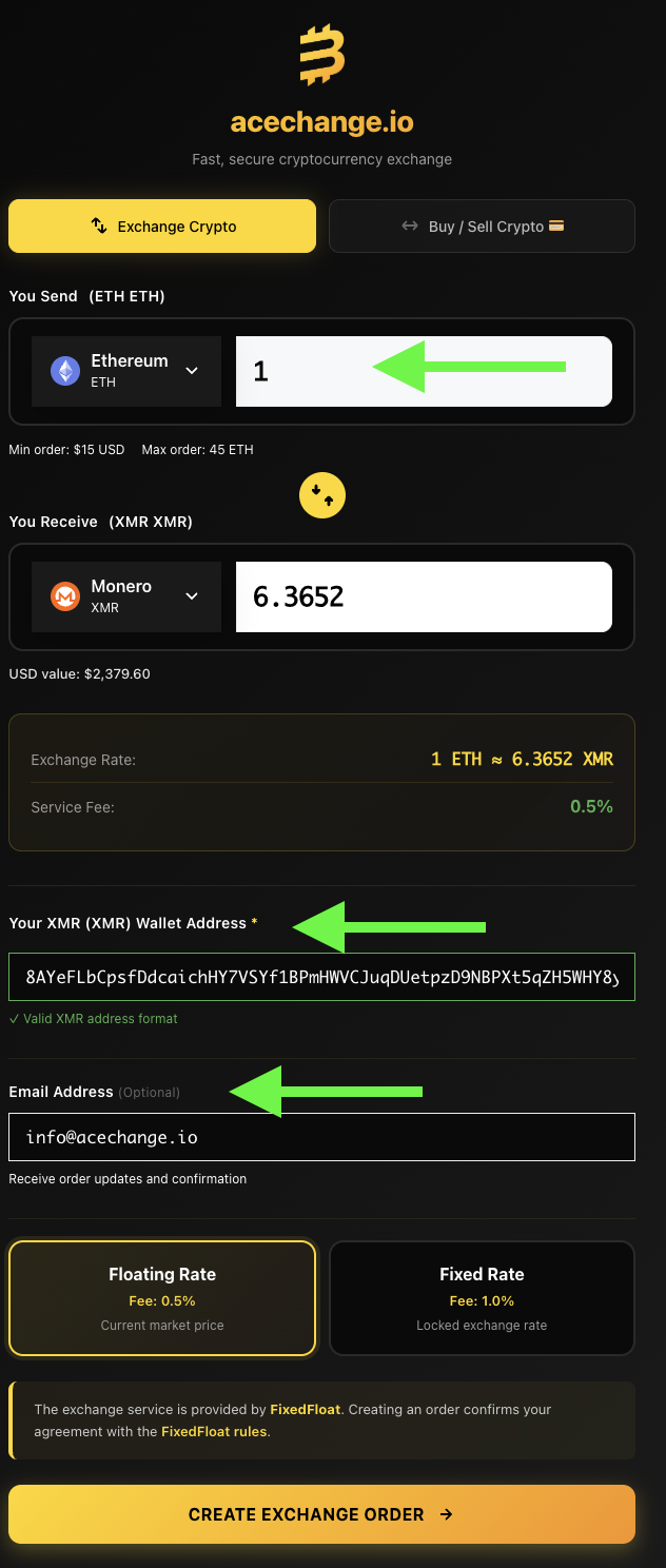AceChange.io swap form on iPhone showing 1 ETH to 6.3652 XMR exchange with Monero wallet address pasted — step-by-step crypto anonymization through Monero in 2026