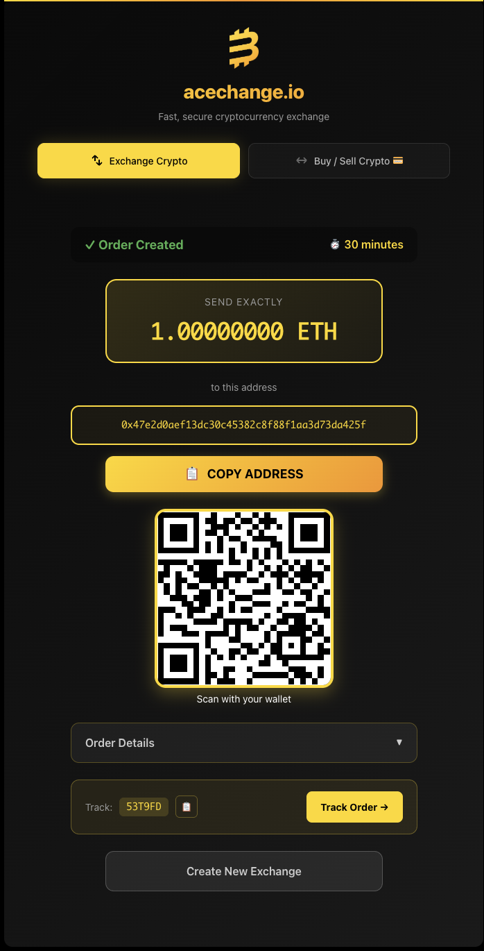 AceChange.io order deposit screen showing 1 ETH exact send amount, ETH deposit address, QR code, order tracking ID 53T9FD and 30-minute timer — anonymous crypto swap deposit step