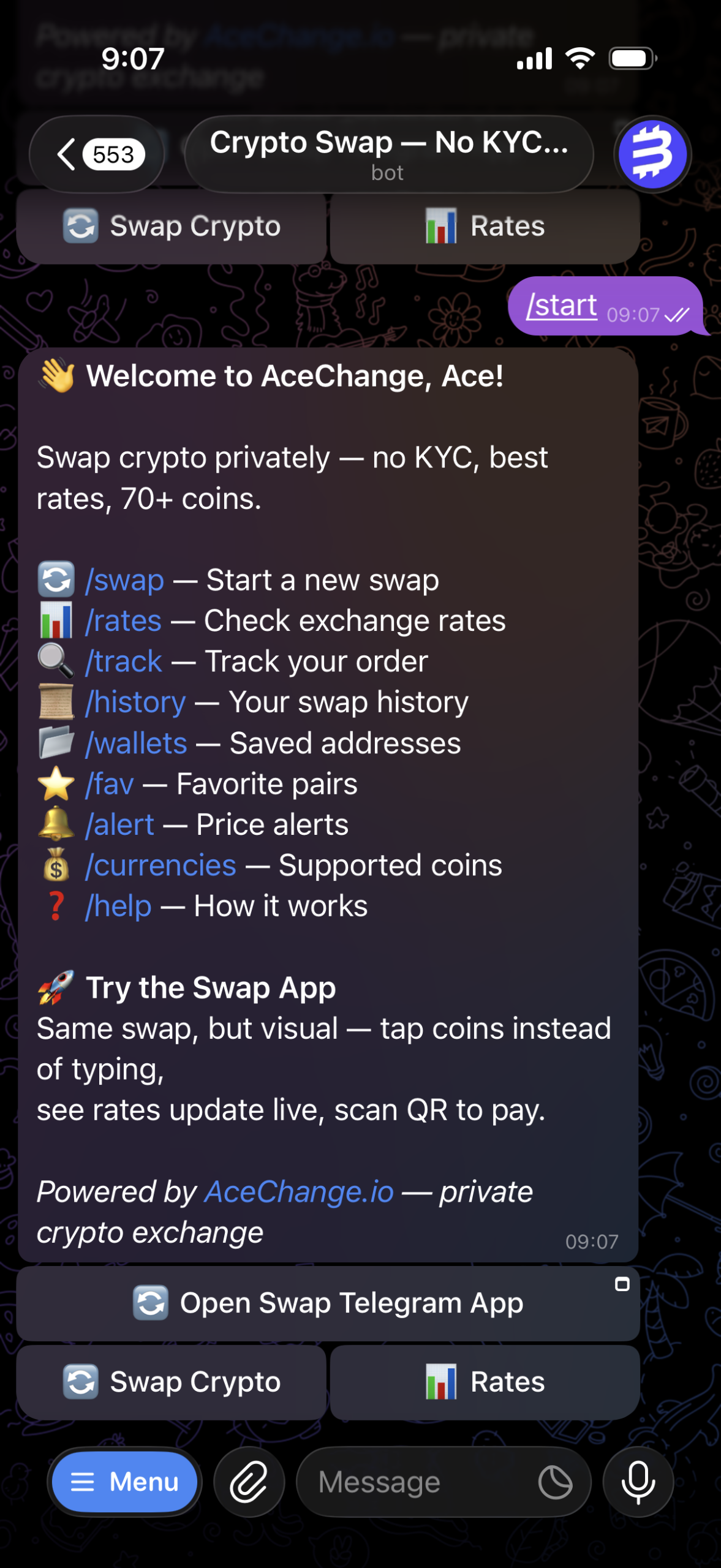AceChange Telegram crypto swap bot main menu showing /start command with swap, rates, track and help options — no KYC needed