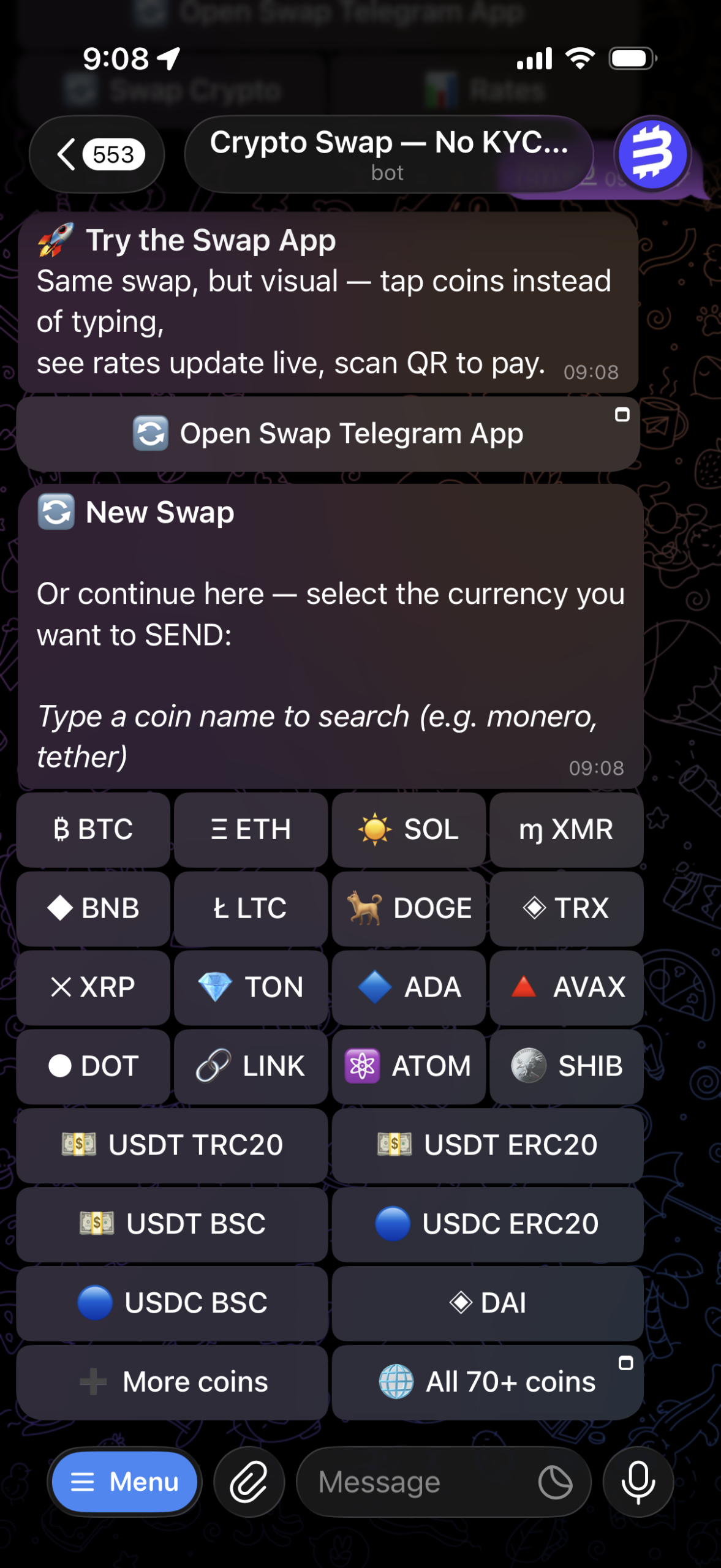 AceChange Telegram bot currency picker showing Bitcoin, Ethereum, USDT, Monero and other supported coins in an inline keyboard