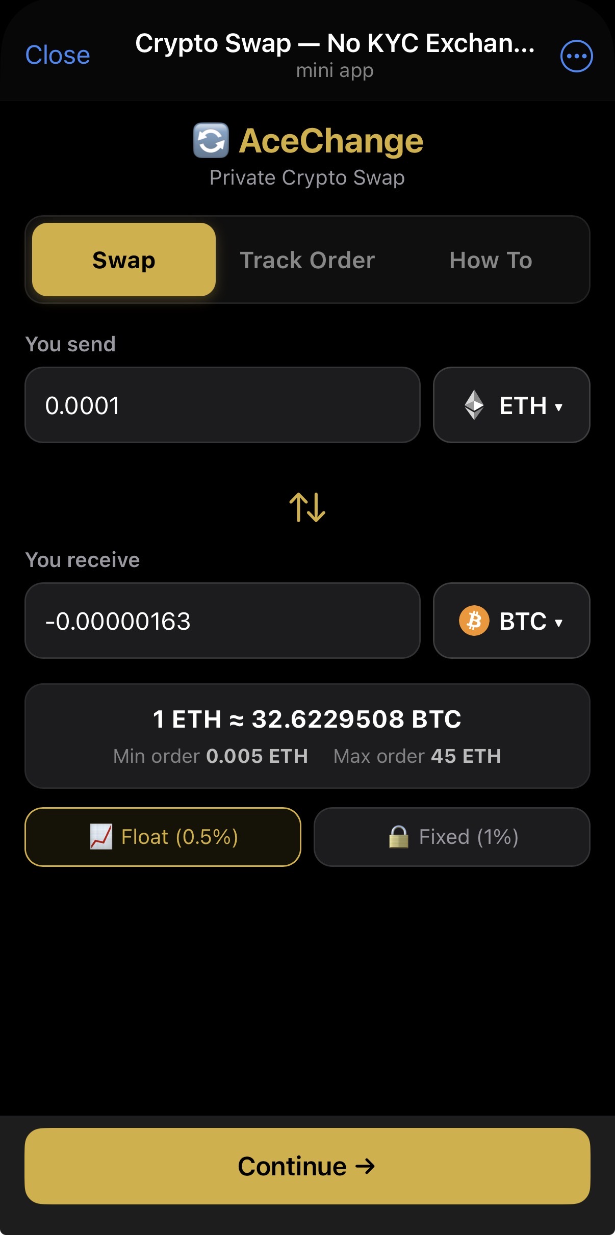 AceChange Telegram Mini App home screen — full swap interface running natively inside Telegram with live rates