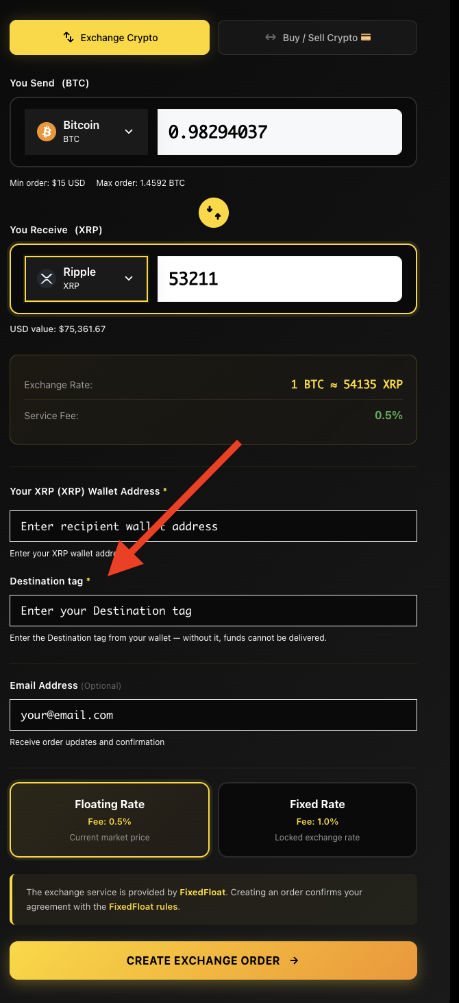 AceChange swap interface showing the MEMO or Destination TAG input field that appears for coins like XRP, XLM, TON and other memo-required cryptocurrencies