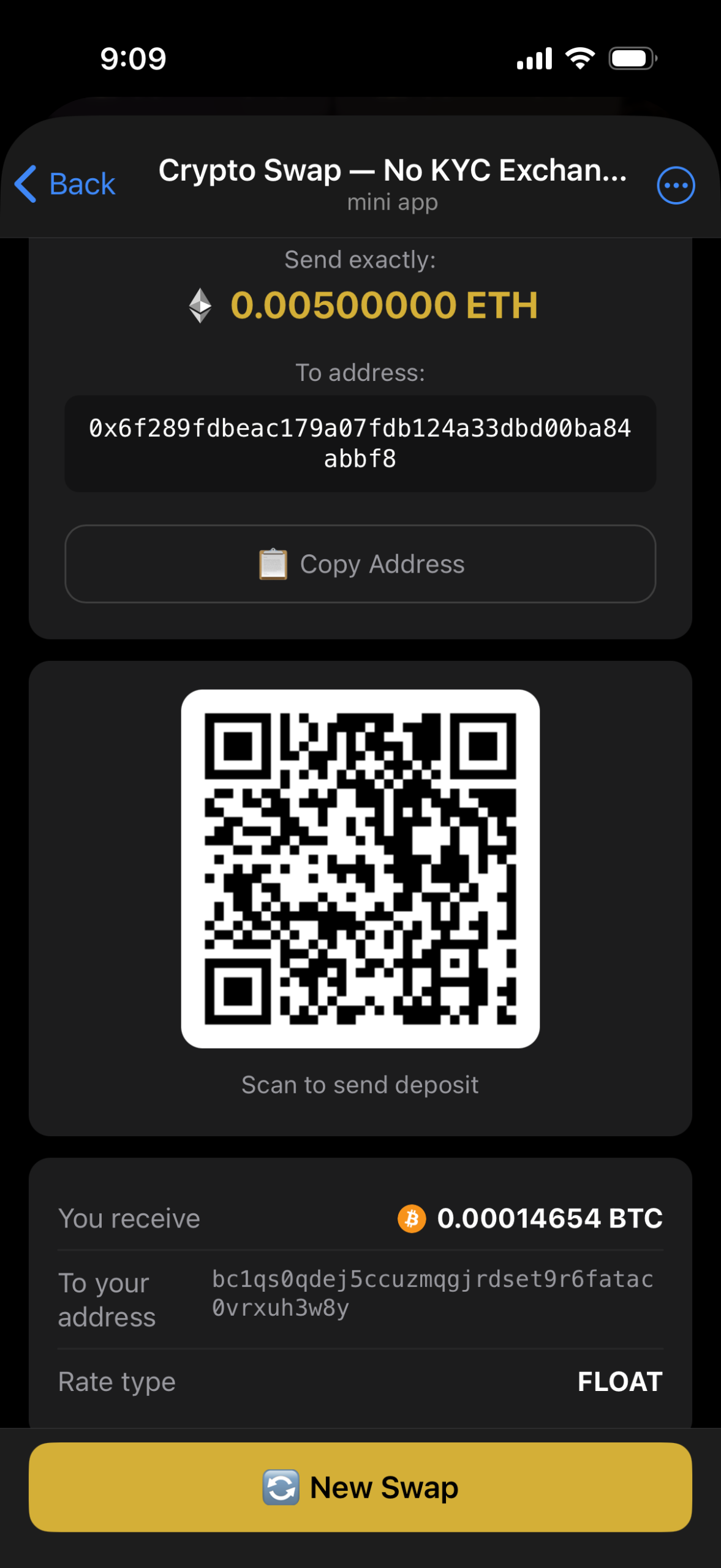 AceChange Telegram Mini App swap and deposit screen with QR code, deposit address and 30-minute rate lock timer