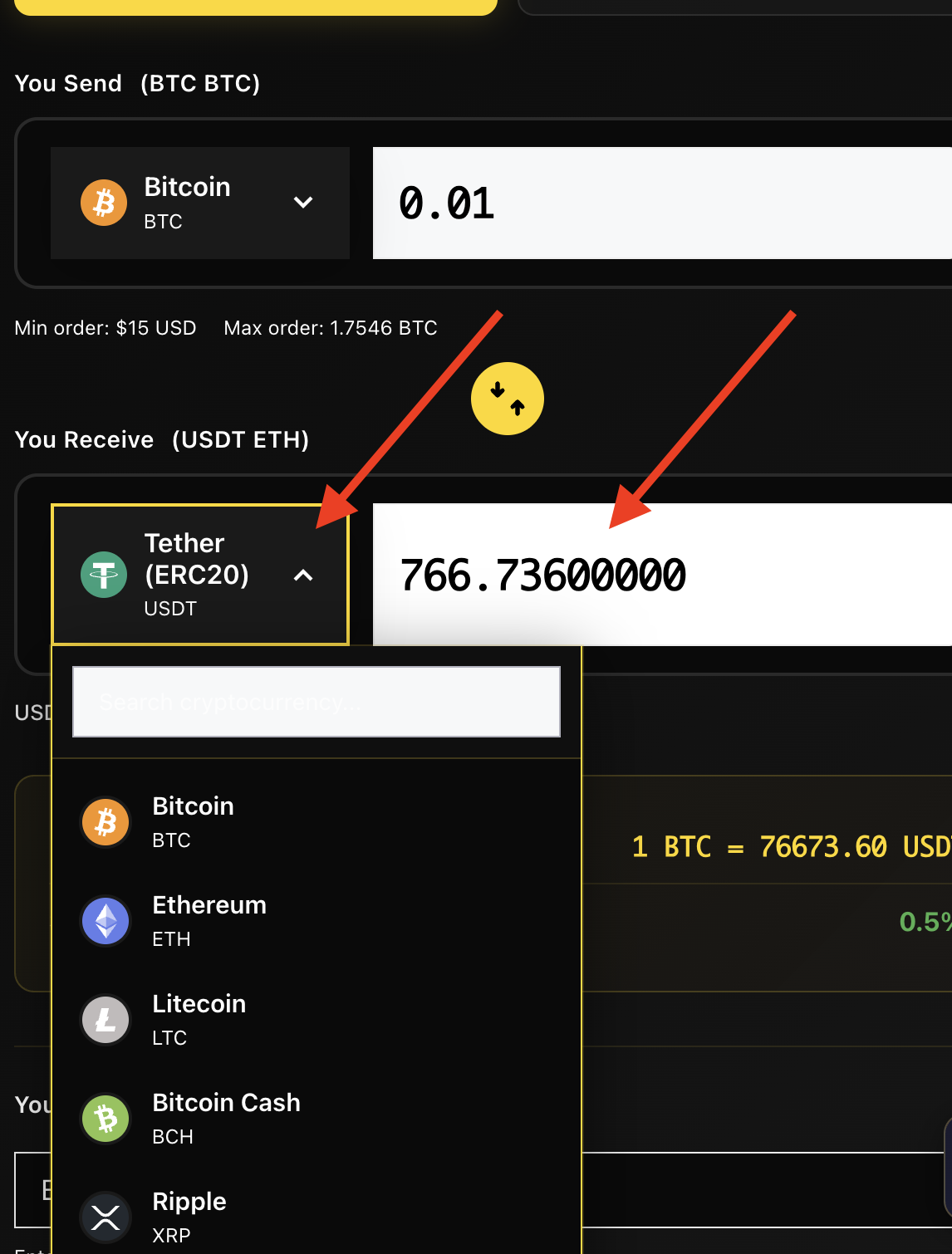 AceChange swap widget with USDT selected as the receive coin and the network selector visible — choose TRC-20, ERC-20 or another supported chain