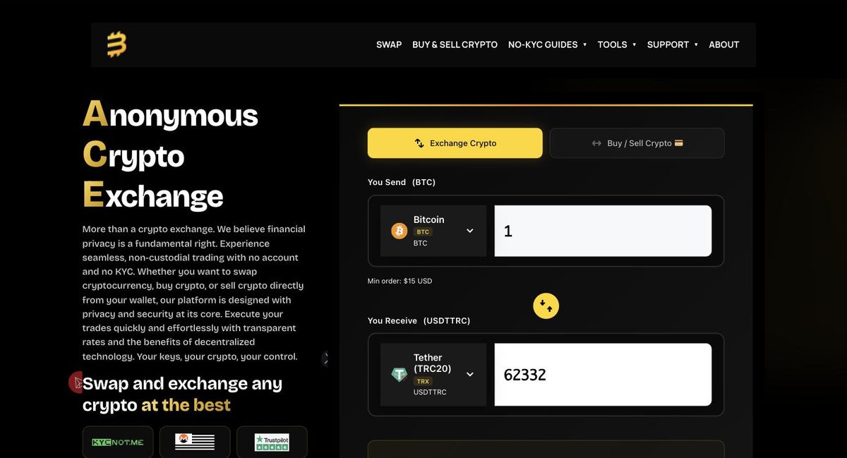 AceChange anonymous crypto exchange homepage — swap BTC to USDT with no KYC and no account in 2026