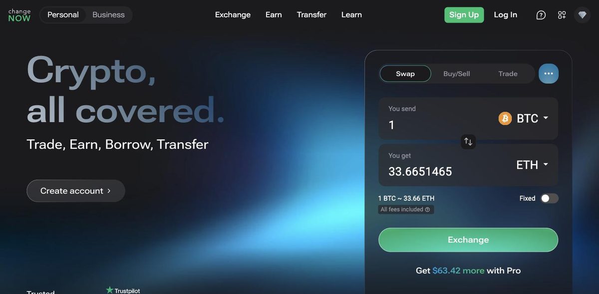 ChangeNOW instant crypto exchange homepage — no-KYC swaps for 1500+ coins with Trustpilot 4.6 rating