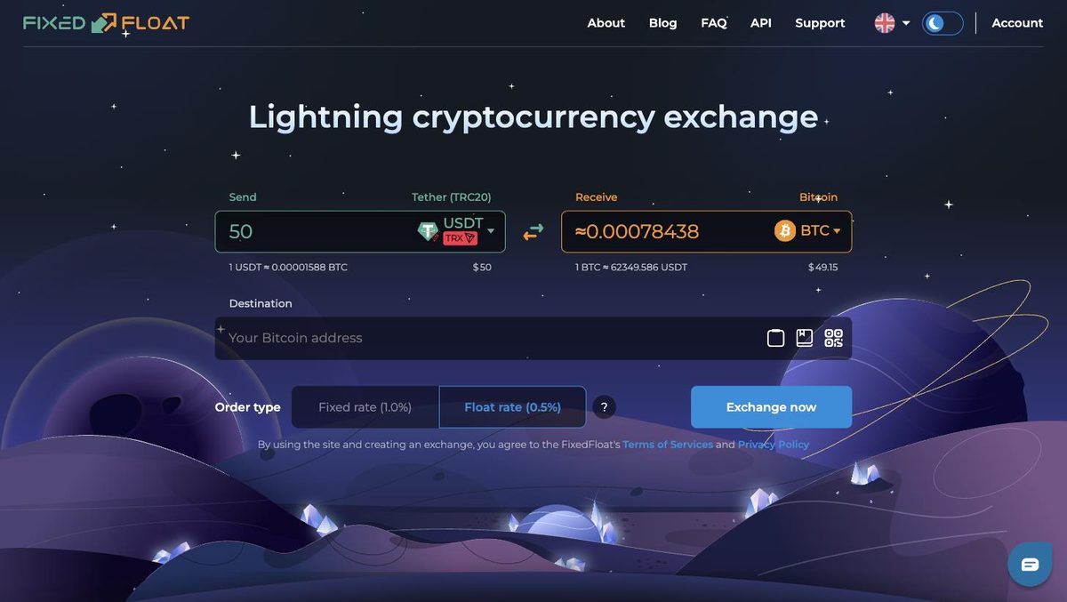 FixedFloat Lightning cryptocurrency exchange interface — no-KYC instant swaps with 0.5% float and 1% fixed fees