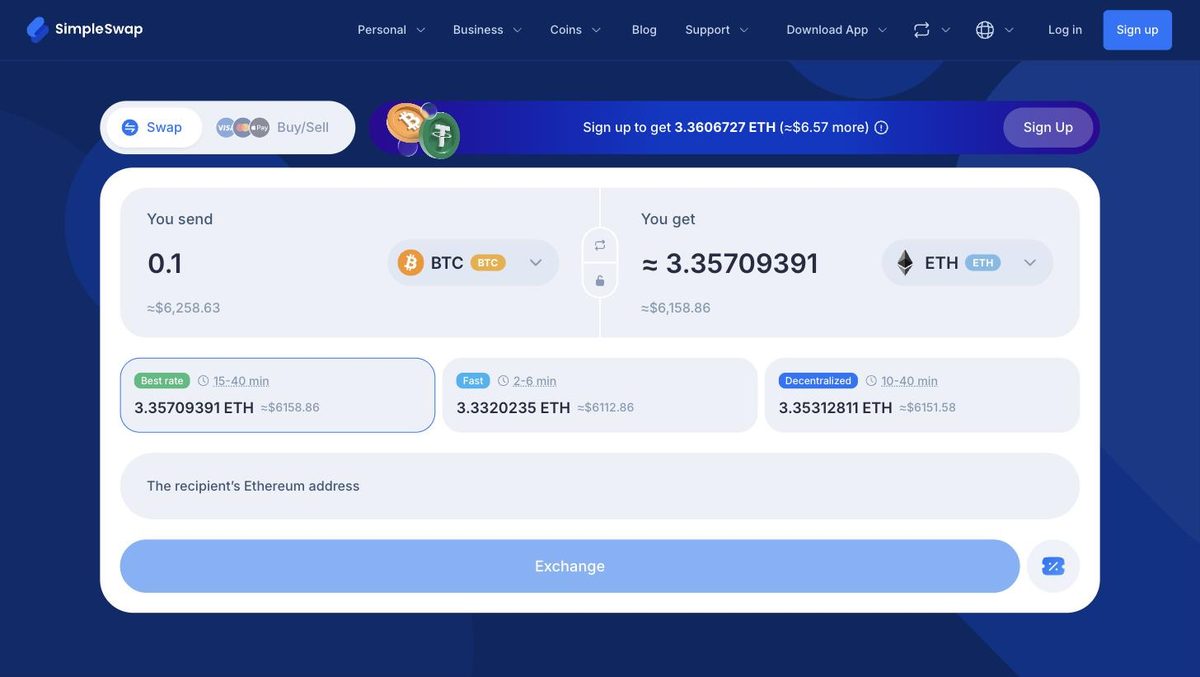 SimpleSwap crypto swap aggregator interface showing best rate, fast and decentralized routes without KYC